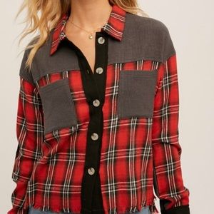 New Hem & Thread check print mix fringe button down